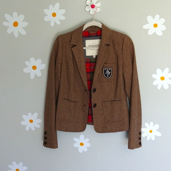 Vintage Brown Abercrombie Emblem Houndstooth Tartan Academia Blazer - Picture 2 of 10